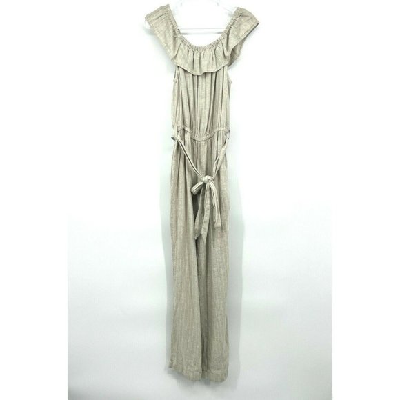 Universal Thread Jumpsuit Off Shoulder Linen Belted Beige Stripe NWT - Picture 2 of 11